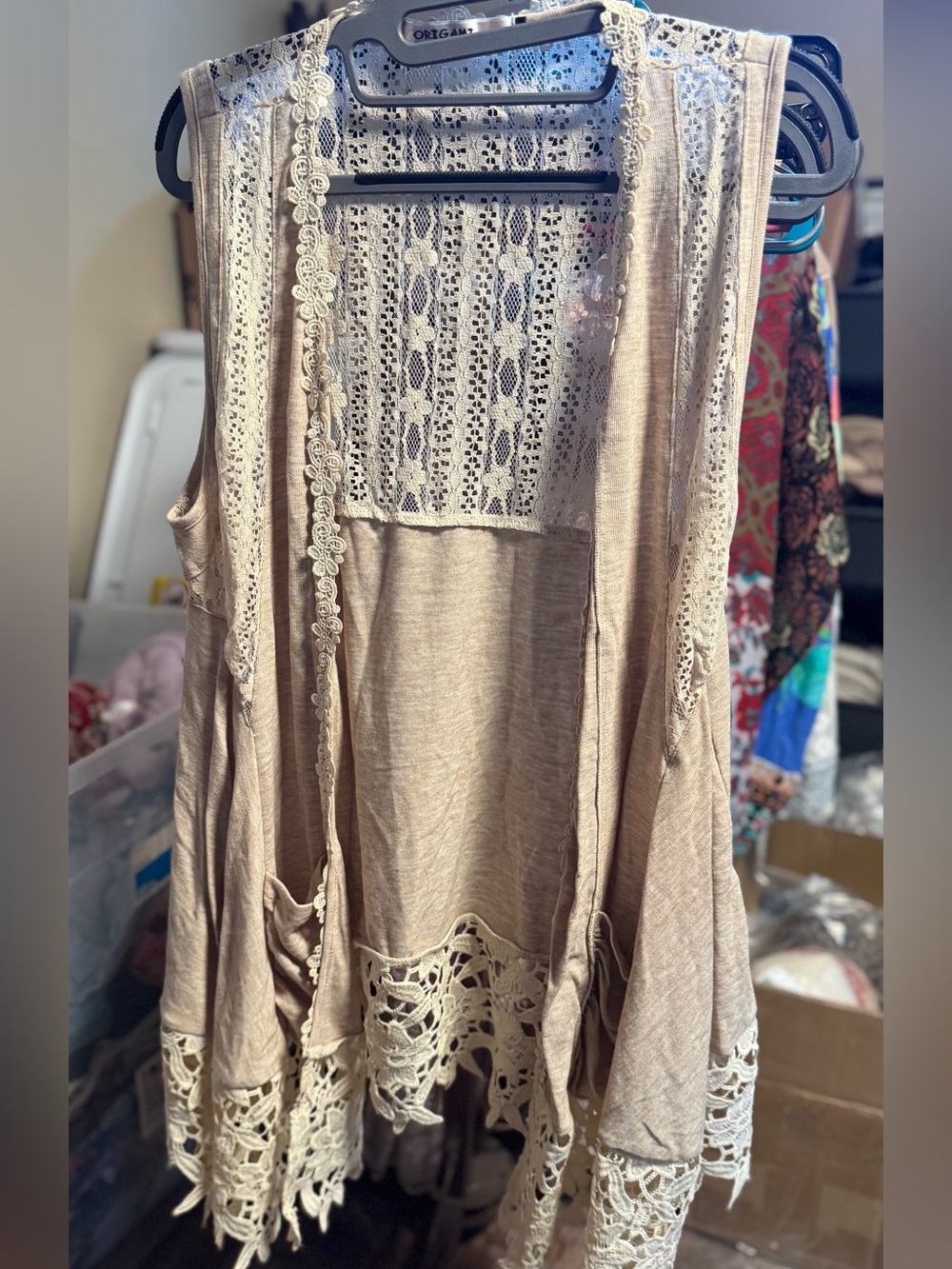 Sleeveless Crochet Trim Open Front Vest - Cream